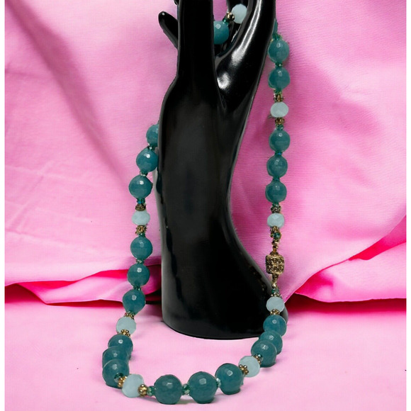 Amazonite Faceted and Glass Bead Necklace Gold Tone Magnetic Clasp 17 in Beauty - Picture 1 of 12